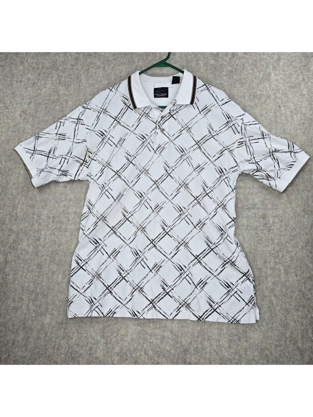 Greg Norman Collection Polo Shirt L/G White & Brown Plaid 100% Cotton